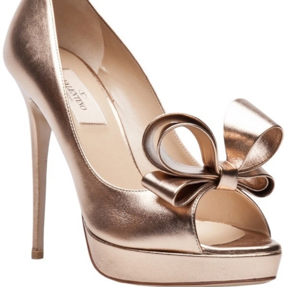 Valentino bronze peep toe bow pumps